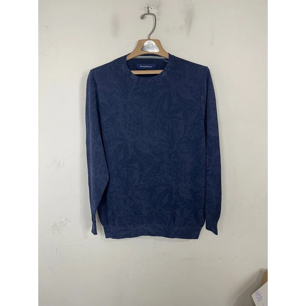 Tommy Bahama Mens Blue Tonal Tropical Floral Jacquard Cotton Sweater Small